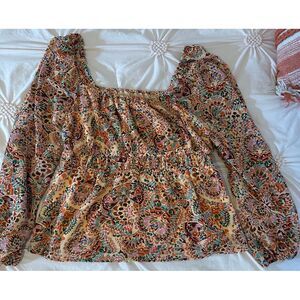 DR2 Boho Floral Square Neck Puff Sleeve Blouse Multi-Color Peasant Top Size M